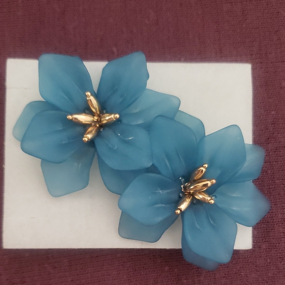 Blue Floral Earrings with Gold Accents